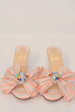 Orange crystal-embellished Pompadouce fabric and leather Marie Anne 55 bow kitten heel slide sandals