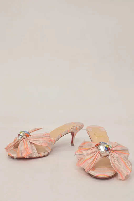 Orange crystal-embellished Pompadouce fabric and leather Marie Anne 55 bow kitten heel slide sandals