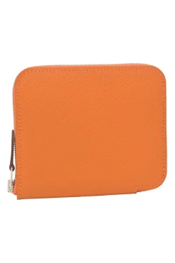 Orange Epsom leather Silk'In change purse featuring Henri d'Origny's 'Mors &amp; Co' printed lining