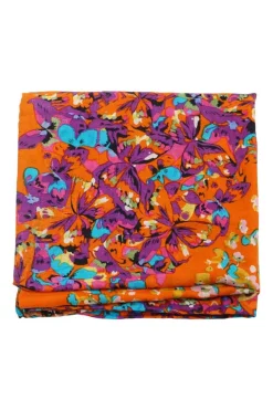 Orange floral and butterfly printed silk scarf