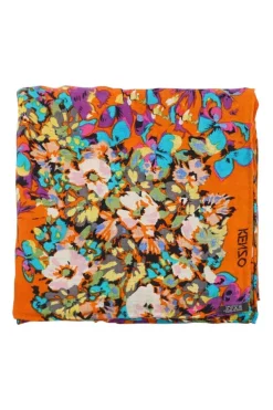 Orange floral and butterfly printed silk scarf