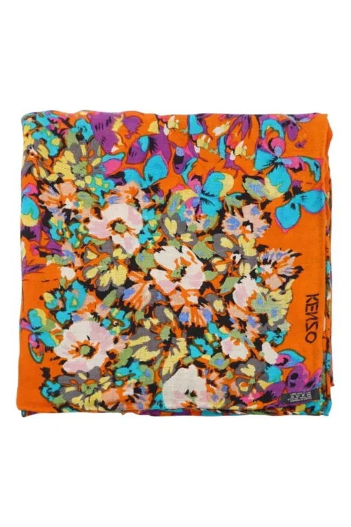 Orange floral and butterfly printed silk scarf