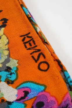 Orange floral and butterfly printed silk scarf