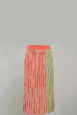 Orange fully-fashioned rayon-blend interlock rib knit midi skirt