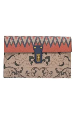 Orange grained printed leather turnlock flap envelope clutch featuring painterly floral motif