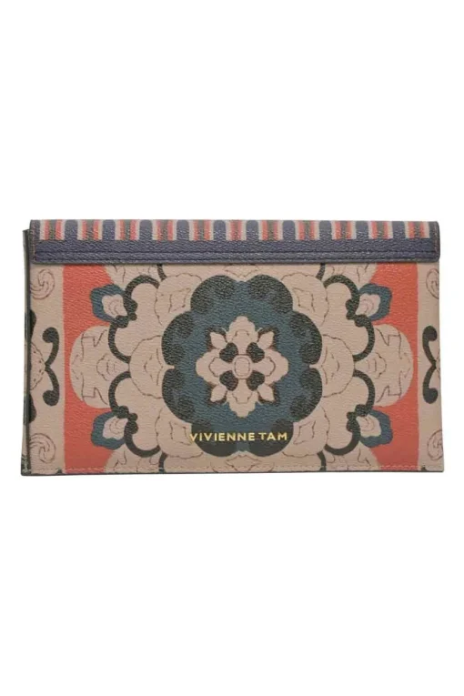 Orange grained printed leather turnlock flap envelope clutch featuring painterly floral motif