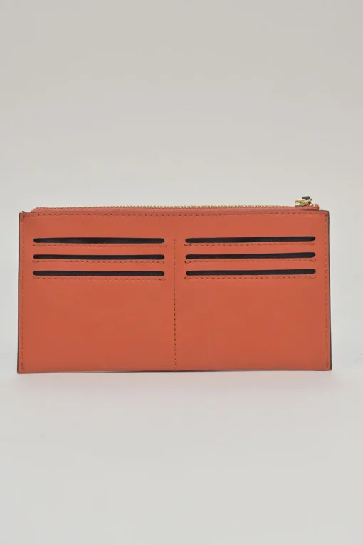Orange grained printed leather turnlock flap envelope clutch featuring painterly floral motif