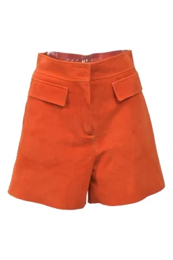 Orange lambskin suede high-rise wide-leg shorts with hip flap pockets