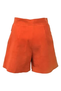 Orange lambskin suede high-rise wide-leg shorts with hip flap pockets