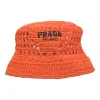 Orange logo-embroidered raffia bucket hat