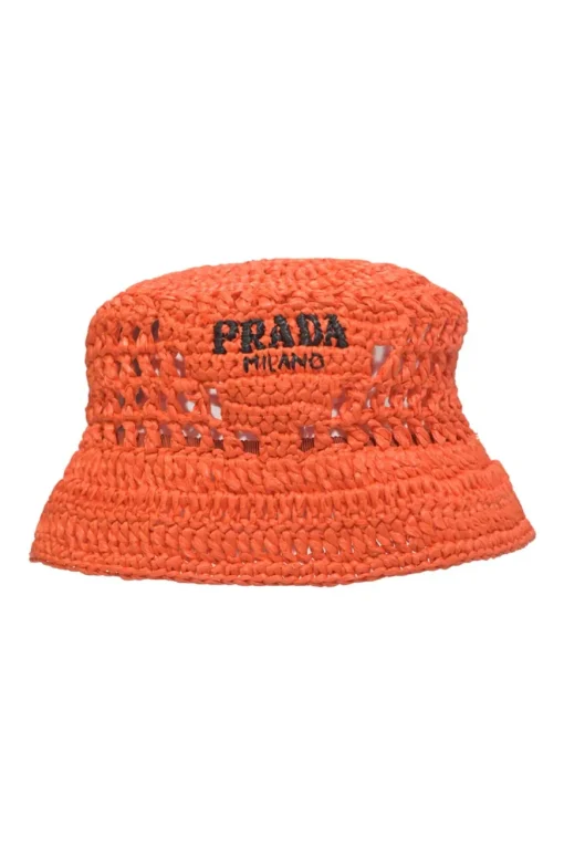 Orange logo-embroidered raffia bucket hat