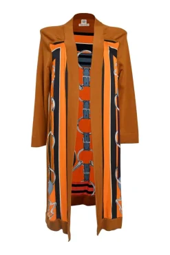 Orange paneled cashmere-silk blend open-front foulard cardigan