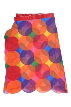 Orange paneled polyester fluo circle accumulation wrap-front mini skirt with PVC waistband