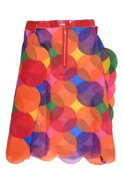 Orange paneled polyester fluo circle accumulation wrap-front mini skirt with PVC waistband