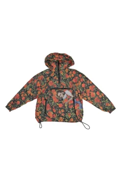 Orange polyamide abstract Dorothy poppies digi-print half-zip pullover windbreaker with toggle hem