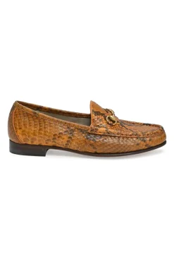 Orange python-embossed leather moc toe slip-on horsebit loafers