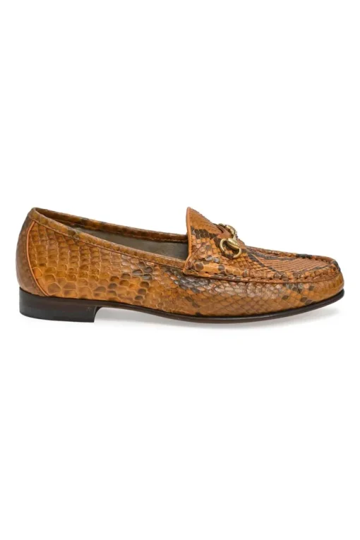 Orange python-embossed leather moc toe slip-on horsebit loafers