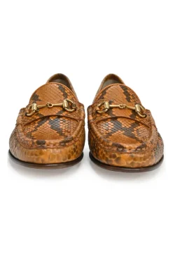 Orange python-embossed leather moc toe slip-on horsebit loafers