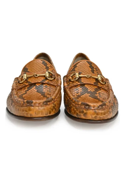 Orange python-embossed leather moc toe slip-on horsebit loafers