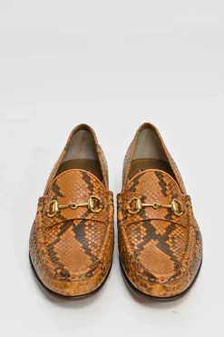 Orange python-embossed leather moc toe slip-on horsebit loafers