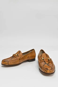 Orange python-embossed leather moc toe slip-on horsebit loafers