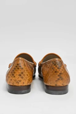 Orange python-embossed leather moc toe slip-on horsebit loafers