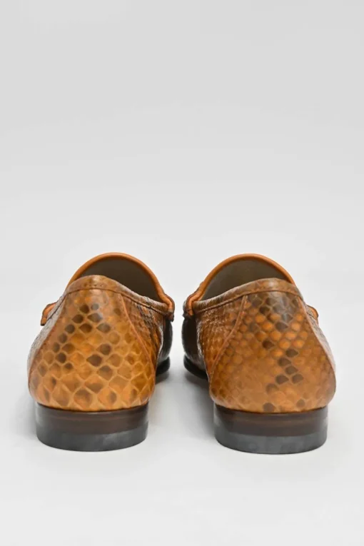 Orange python-embossed leather moc toe slip-on horsebit loafers