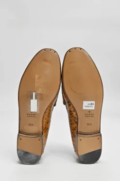 Orange python-embossed leather moc toe slip-on horsebit loafers