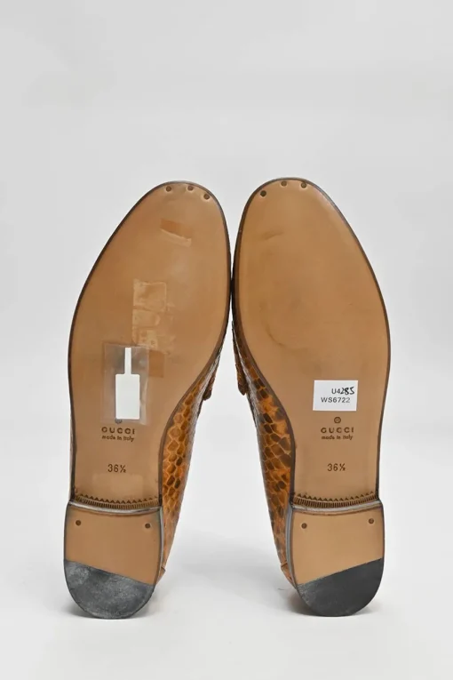 Orange python-embossed leather moc toe slip-on horsebit loafers