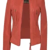 Orange quilted leather single breasted collarless zip-up moto jacket