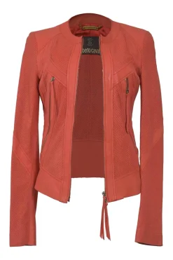 Orange quilted leather single breasted collarless zip-up moto jacket