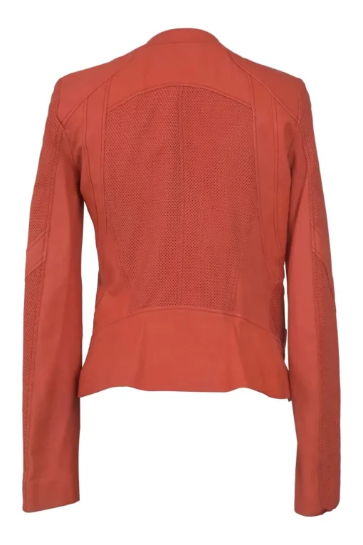 Orange quilted leather single breasted collarless zip-up moto jacket