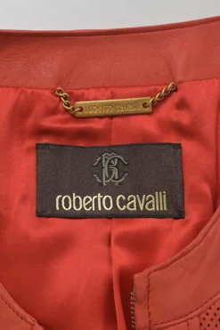 Orange quilted leather single breasted collarless zip-up moto jacket