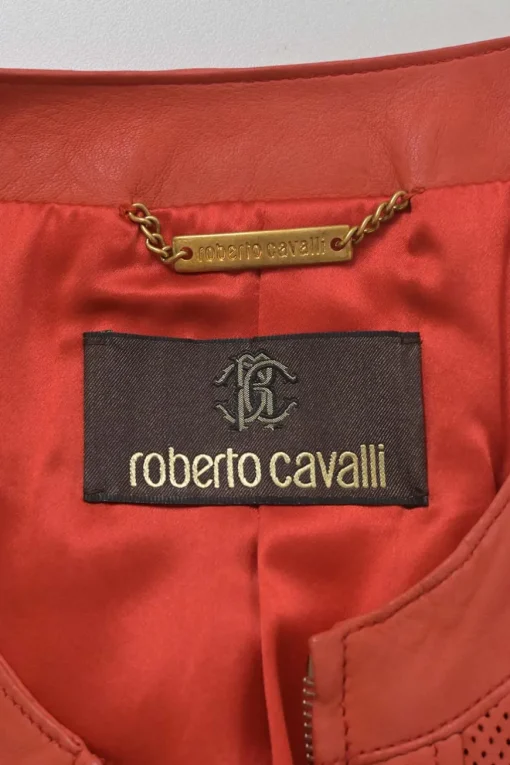 Orange quilted leather single breasted collarless zip-up moto jacket