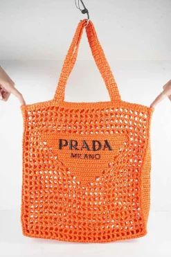 Orange Raffia Embroidered Tote Bag