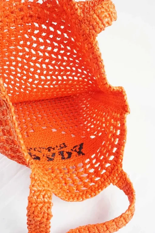 Orange Raffia Embroidered Tote Bag