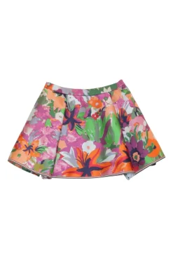Orange rayon-blend jungle floral jacquard mid-rise pull-on ruffle mini skirt