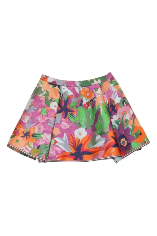 Orange rayon-blend jungle floral jacquard mid-rise pull-on ruffle mini skirt