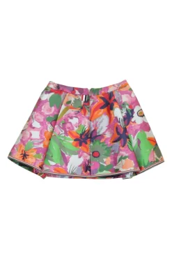 Orange rayon-blend jungle floral jacquard mid-rise pull-on ruffle mini skirt