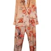Orange silk satin floral print two-piece Climene double breasted jacket and pull-on Etere trouser pyjama set