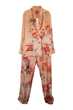 Orange silk satin floral print two-piece Climene double breasted jacket and pull-on Etere trouser pyjama set