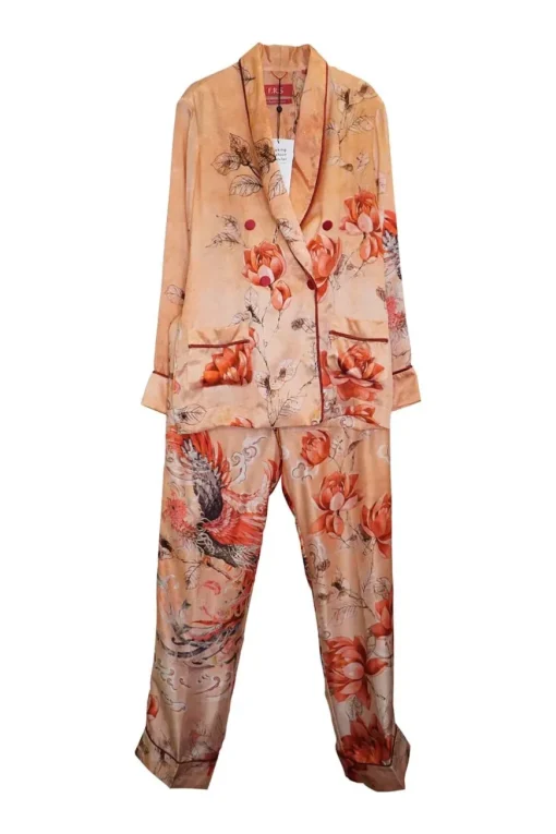 Orange silk satin floral print two-piece Climene double breasted jacket and pull-on Etere trouser pyjama set