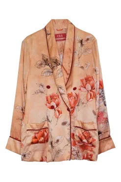 Orange silk satin floral print two-piece Climene double breasted jacket and pull-on Etere trouser pyjama set