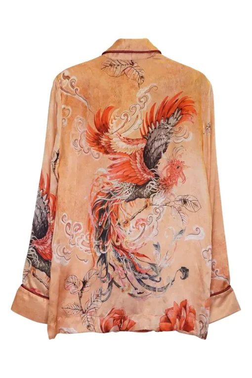 Orange silk satin floral print two-piece Climene double breasted jacket and pull-on Etere trouser pyjama set