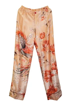 Orange silk satin floral print two-piece Climene double breasted jacket and pull-on Etere trouser pyjama set