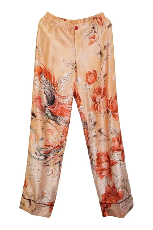 Orange silk satin floral print two-piece Climene double breasted jacket and pull-on Etere trouser pyjama set