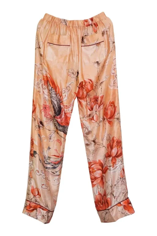 Orange silk satin floral print two-piece Climene double breasted jacket and pull-on Etere trouser pyjama set