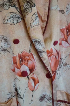 Orange silk satin floral print two-piece Climene double breasted jacket and pull-on Etere trouser pyjama set