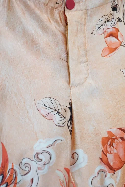 Orange silk satin floral print two-piece Climene double breasted jacket and pull-on Etere trouser pyjama set