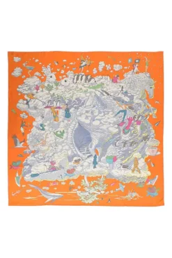 Orange silk 'Sur Mon Nuage' square scarf featuring original artwork by Dimitri Rybaltchenko